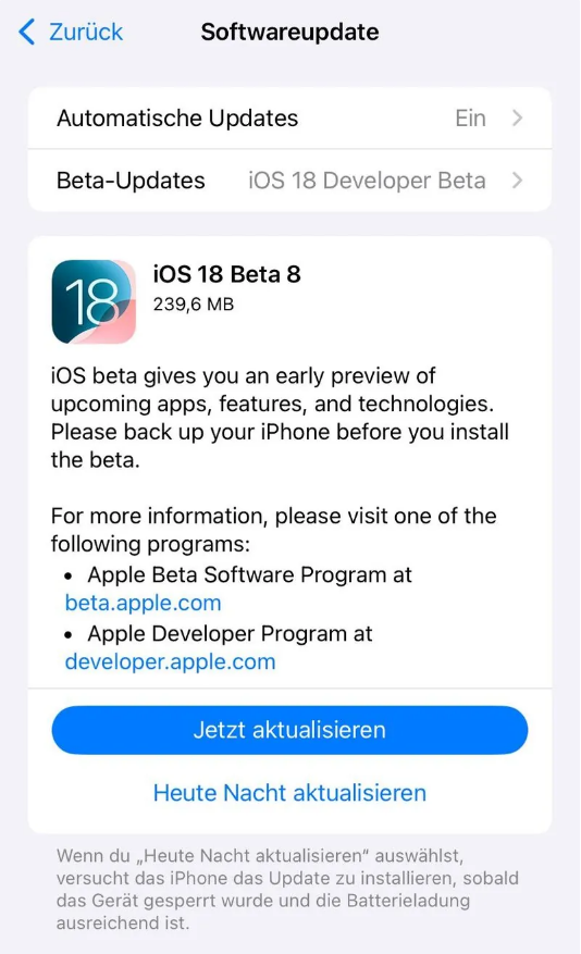 黄竹镇苹果手机维修分享苹果 iOS / iPadOS 18 开发者预览版 Beta 8 发布 